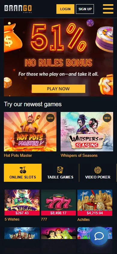 Brango Casino mobile games view